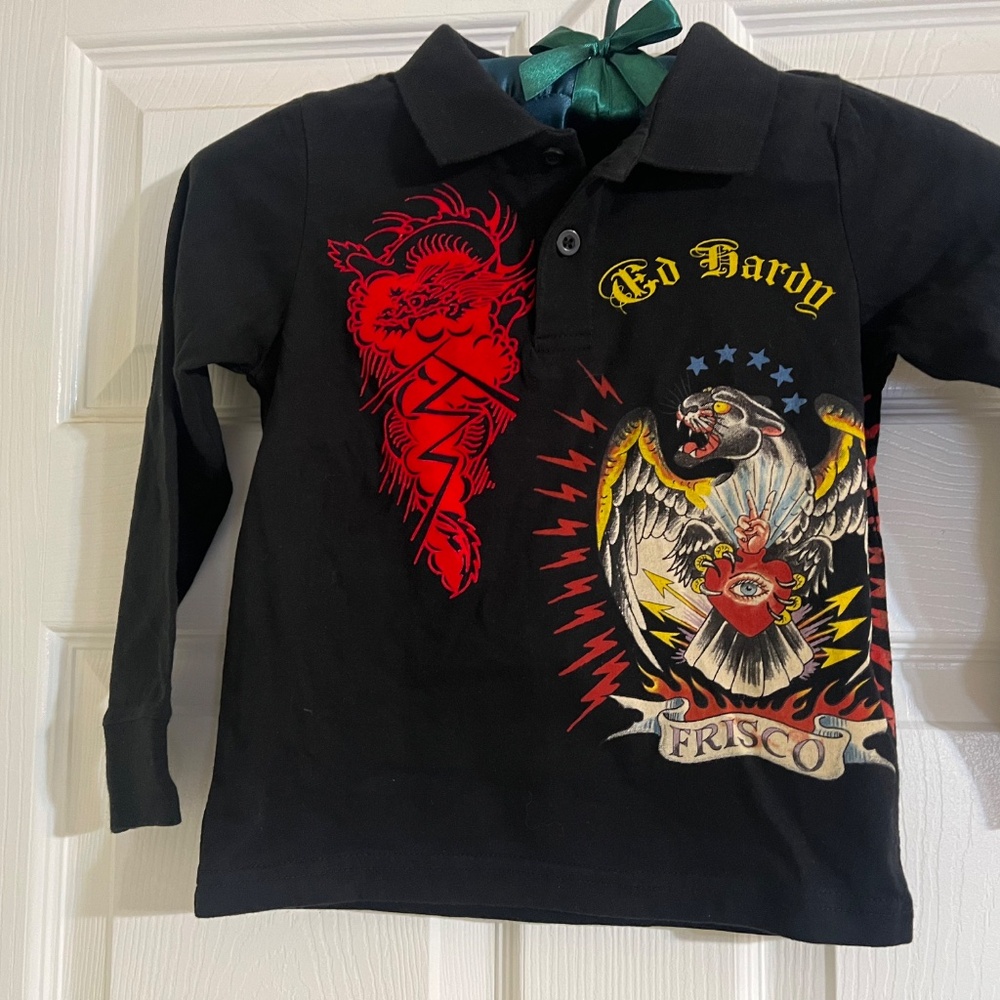 Ed Hardy Kids Panther Frisco Long Sleeve Collar T- Shirt Size Toddler 4 T